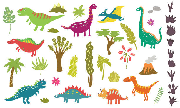 Large set of cute dinosaurs and tropical plants Large set of cute dinosaurs and tropical plants.  Nursery characters for children's design. Vector illustration fossil site stock illustrations