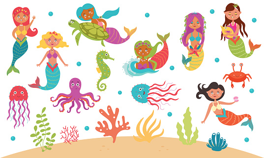 Large set of cute mermaids and sea creatures