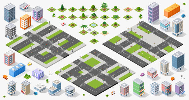 Large set of designers top Large set of designers top view of the city quarter highway crossroads urban landscape town infrastructure isometric projection stock illustrations