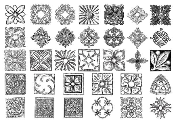 Large set of ornaments, square rosette. Carving patterns of decorative leaves, acanthus, French cartouches, various scroll and shell elements. Tiles art Victorian design and hand engraving. Large set of ornaments, square rosette. Carving patterns of decorative leaves, acanthus, French cartouches, various scroll and shell elements. Tiles art Victorian design and hand engraving. architecture borders stock illustrations