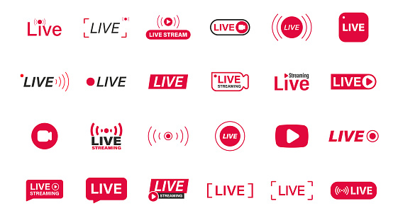 Large set of Red live streaming icons. Live stream, broadcast. Live video streaming. Social media live badge. Online webinar, Broadcasting. Template for tv, shows, movies and live performances