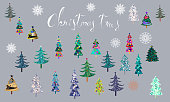 A large set of stylized Christmas trees. Christmas bundles. 2022 year. Vector cliparts.