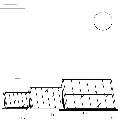 Large solar farm, generating renewable energy. Black and white illustration with minimalistic shading.