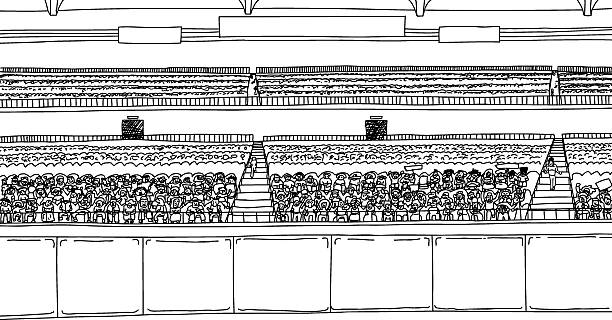 Large Stadium with Spectators as Outline Large cartoon outline of stadium with diverse crowd under blank scoreboard signs cartoon of a stadium crowd stock illustrations