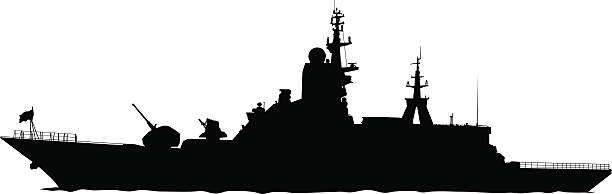 Large warship Silhouette of a large warship on a white background destroyer stock illustrations