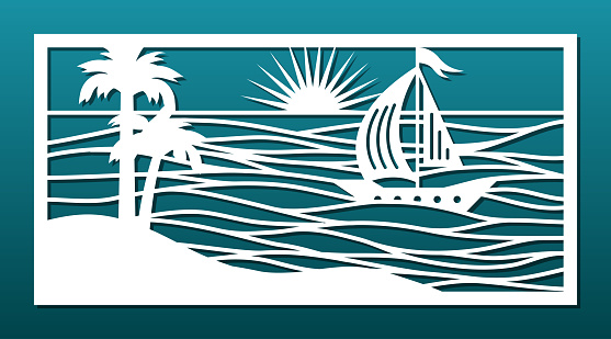 Laser cnc cut decorative panel. Sea landscape with palm island, sea waves, sail boat and sun over ocean. Wall hanging panel, decorative paper art, room screen, card background. Vector illustration.