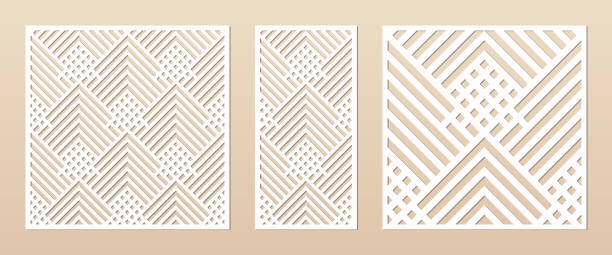 Laser cut template. Elegant vector panel with abstract geometric grid pattern Laser cut panel. Abstract geometric pattern with lines, rhombuses, squares. Elegant decorative template for wood cut, paper card, metal cutting, engraving, fretwork, carving. Aspect ratio 1:1, 1:2 cutting stock illustrations