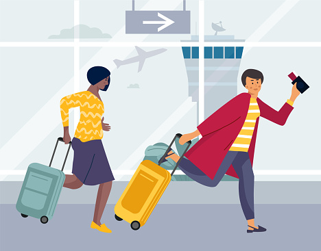 Late tourists. Women running for plane landing. Persons rushing to take seats on aircraft. Female characters in airport. Travelers carrying baggage. Vector girls with luggage and tickets