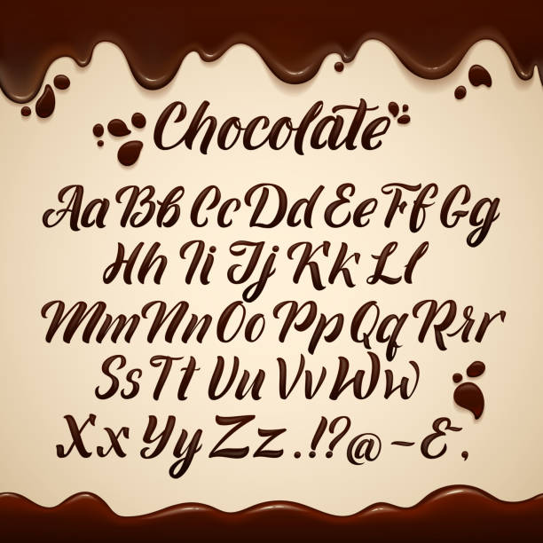 stockillustraties, clipart, cartoons en iconen met latin alphabet in vloeibare stijl. hand schrijven bruine chocolade letters. vectorillustraties - chocoladeletter