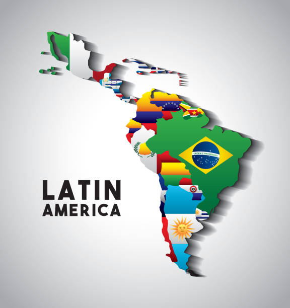 latin america map Map of Latin America with the flags of countries. colorful design. vector illustration south america stock illustrations