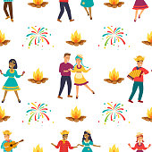 istock Latin American holiday Festa Junina, dancing young people on the background of a fire and fireworks. Seamless Vector Illustration. 1401683322