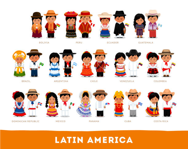 Latin Americans in national clothes. Big set of different cartoon characters in traditional costume with flag. Men and women. Vector flat illustration. latin family stock illustrations