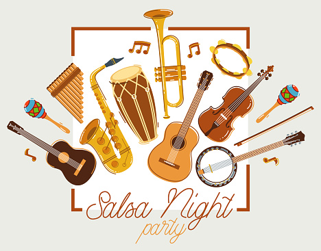 Latin music band salsa vector flat poster isolated over white background, live sound festival concert or night dancing party, Brazil or Cuban musical fiesta theme advertising flyer or banner.