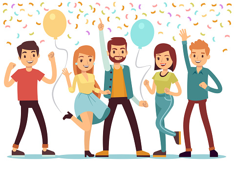 Laughing and dancing young people at party. Happy men and women celebrate important event. Vector illustration