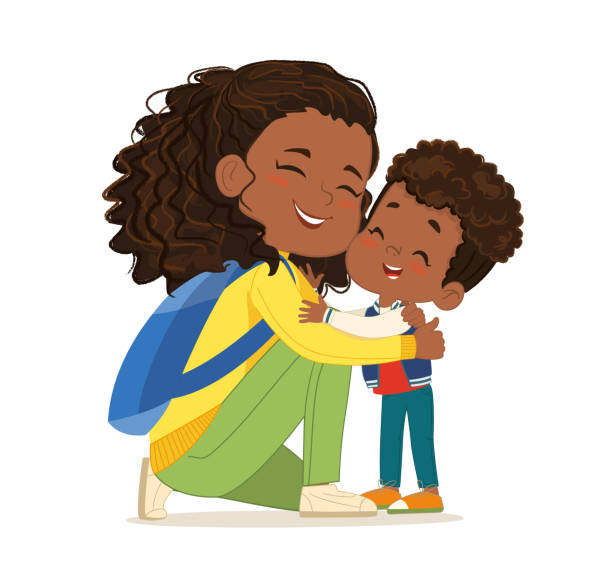 Laughing brunette African American young mother hugging little cute son enjoying motherhood vector Laughing curly brunette African American young mother hugging little cute son enjoying motherhood vector flat illustration. Smiling adorable family embracing to each other with love isolated on white african american mothers day stock illustrations