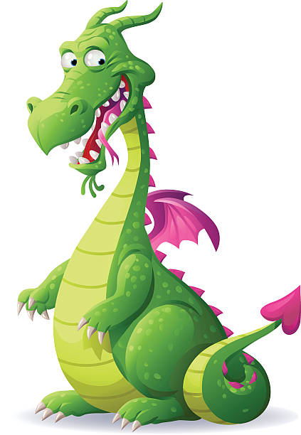 Laughing Green Dragon Vector illustration of a sitting green dragon with horns, spikes, a long tongue and pink wings laughing at the camera, isoalted on white. dragon stock illustrations