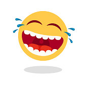 Laughing smiley emoticon. Cartoon happy face with laughing mouth and tears, emoticons cry or tear smile. Loud laugh lol emoji. Sticker yellow vector isolated icon