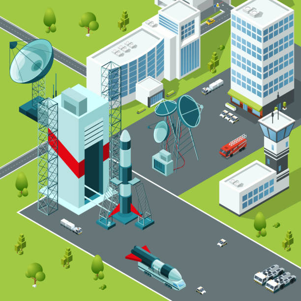Launch pad of the spaceport. Isometric buildings Launch pad of the spaceport. Isometric buildings and rocket launch, spaceship and shuttle. Vector illustration spaceport stock illustrations