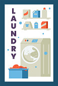 Laundromat and laundry service promotion banner or poster layout, flat vector illustration. Professional laundry, clothes cleaning and stain removal services.