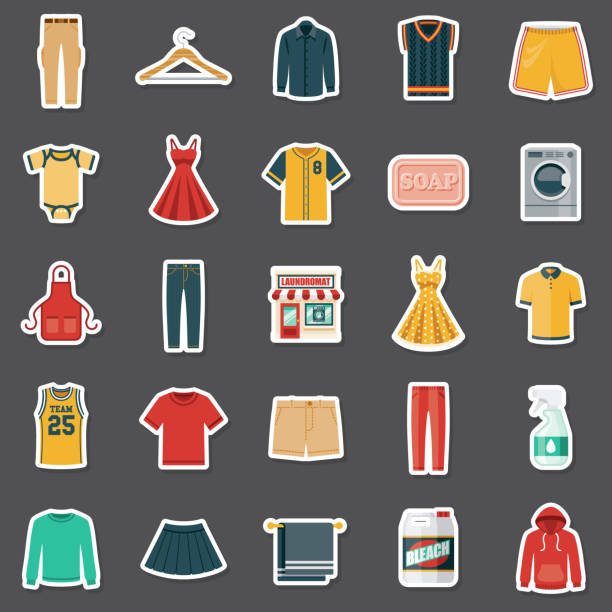 Laundromat Sticker Set A set of flat design icons. File is built in the CMYK color space for optimal printing. Color swatches are global so it’s easy to edit and change the colors. store clipart stock illustrations