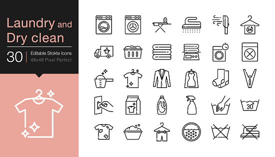 Laundry and Dry clean icons. Modern line design.Editable Stroke.