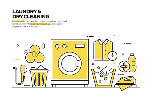 Laundry and Dry Cleaning Concept, Line Style Vector Illustration