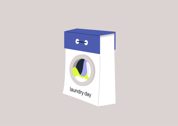 illustrations, cliparts, dessins animés et icônes de journée de la lessive, un calendrier dérachant avec une machine à laver sur sa page, un concept de routine quotidienne - programmer machine à laver