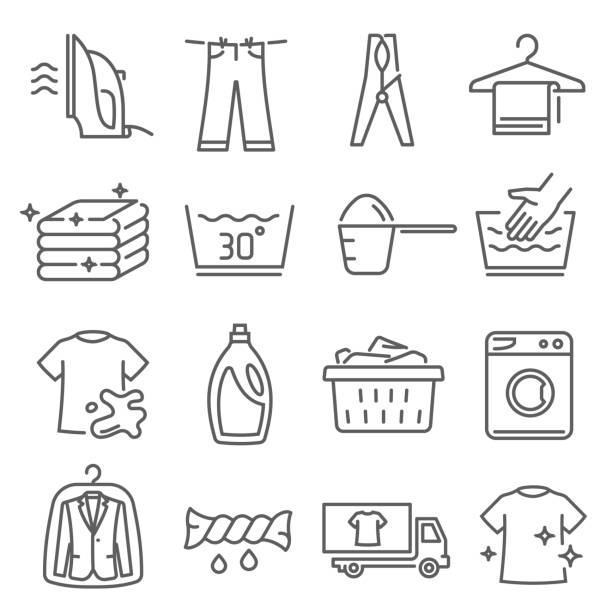 Laundry, dry cleaning thin line icons set isolated on white. Iron, bleach, washing machine pictograms. Laundry, dry cleaning thin line icons set isolated on white. Iron, bleach, washing machine outline pictograms collection. Hanger, plastic tub, wringing, linen vector elements for infographic, web. drying stock illustrations