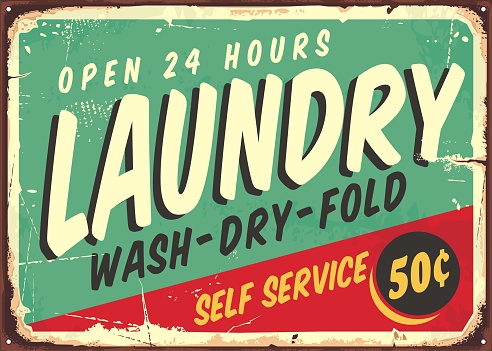 Laundry fifties comic style retro sign banner. Washing clothes promotional poster design on old rusty metal plate. Vector laundry illustration.