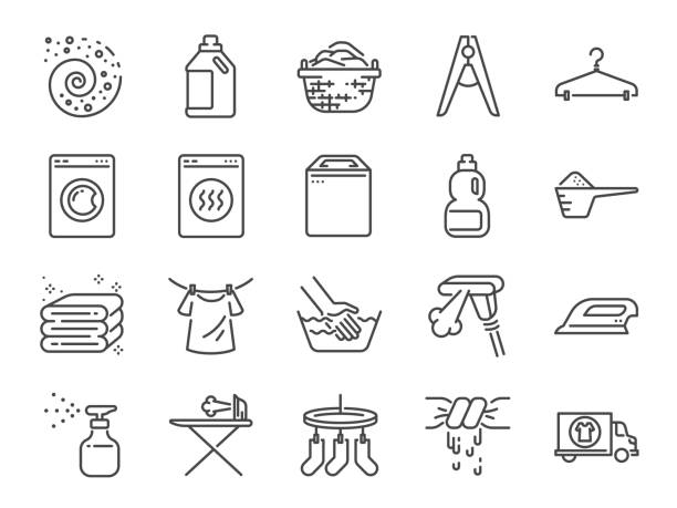 wäsche-icon-set. die symbole als waschmittel, waschmaschine und frisches, sauberes, eisen enthalten. - waschen stock-grafiken, -clipart, -cartoons und -symbole