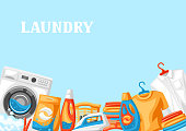 Laundry service background with professional items. Washing and cleaning illustration.