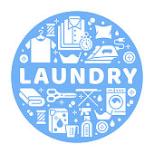 Laundry service banner illustration with flat glyph icons. Dry cleaning equipment, washing machine, clothing shoe leather repair, garment, shirts, iron board. Circle template signs launderette poster.