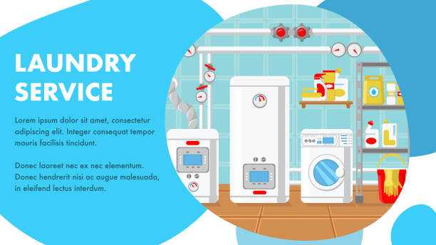 illustrations, cliparts, dessins animés et icônes de site web du service blanchisserie bannière vecteur modèle - programmer machine à laver