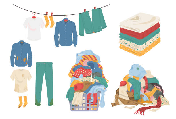 Laundry set, flat vector isolated illustration. Clean and dirty menswear, towels. Laundry basket. Laundry set, flat vector illustration isolated on white background. Laundry basket. Pile of dirty clothes. Clean and dirty white and color menswear, towels. Washed clothes hanging on clothesline. clothing stock illustrations