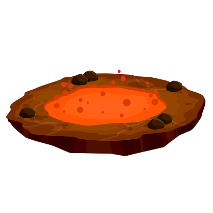 Lava in crater. Eruption. Red hot water in lake. Element of nature, mountain and volcano. Natural disaster, calamity and catastrophe. Brown platform with ground. Cartoon flat illustration