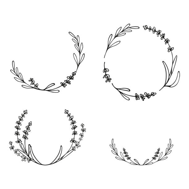 Lavender flowers frame. Hand drawn wreath. Botanical vector border for your design. Logo and branding. Outline. nature clipart stock illustrations
