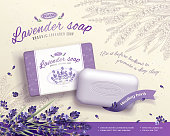 Lavender soap ads with blooming flowers ingredients in 3d illustration, engraved floral background