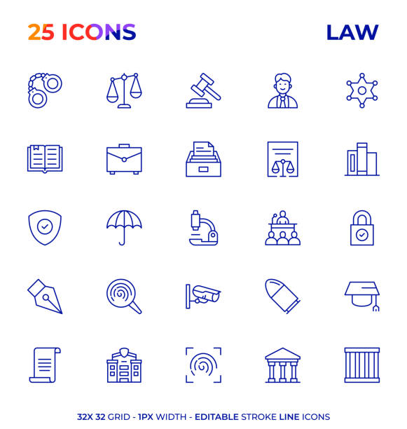 Law And Crime Editable Stroke Line Icon Series Law And Crime Vector Style Editable Stroke Line Icon Set supreme court justices stock illustrations