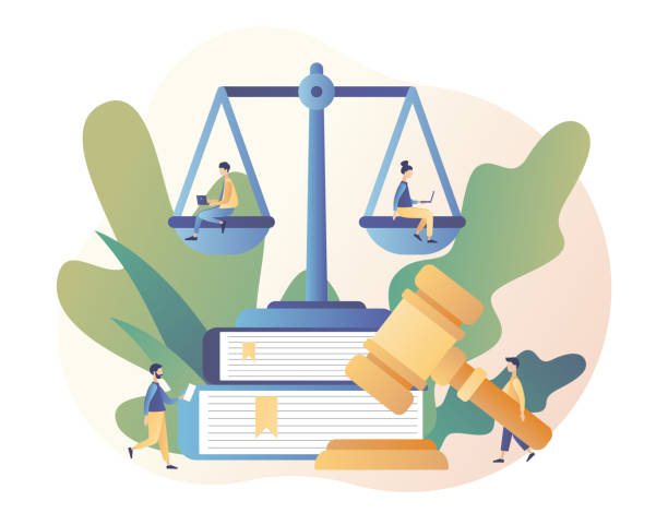 Law and Justice Concept. Justice scales, judge and judge gavel. Tiny people in the Supreme Court. Modern flat cartoon style. Vector illustration Law and Justice Concept. Justice scales, judge and judge gavel. Tiny people in the Supreme Court. Modern flat cartoon style. Vector supreme court stock illustrations