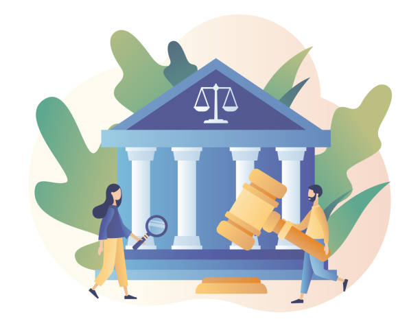 hukuk ve adalet kavramı. adalet terazisi, yargıç inşası ve yargıç toklamı. yüksek mahkeme. modern düz karikatür tarzı. vektör çizimi - supreme court stock illustrations
