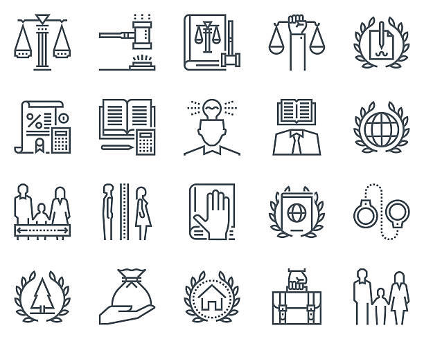 Law and justice icon set Law and justice icon set suitable for info graphics, websites and print media. Black and white flat line icons. divorce symbols stock illustrations