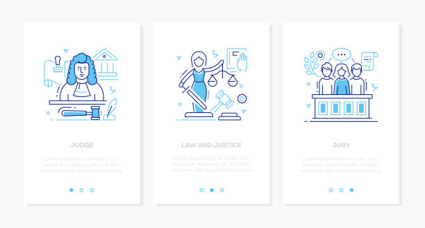Law and justice - line design style banners set Law and justice - line design style banners set with place for text. Judge, jury images, libra scales, gavel, Themis, court building. Linear illustrations with icons. Fair trial, human rights concept supreme court justices stock illustrations