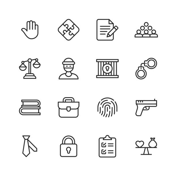 Law and Justice Line Icons. Editable Stroke. Pixel Perfect. For Mobile and Web. Contains such icons as Law, Justice, Thief, Police, Judge, Agreement, Government, Contract, Compliance, Crime, Lawyer, Evidence, Prison, Equality, Legal System. 16 Law and Justice Outline Icons. supreme court justices stock illustrations