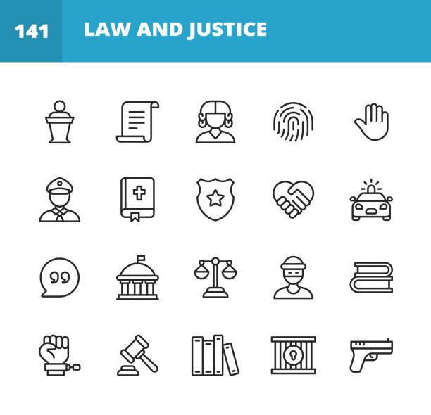Law and Justice Line Icons. Editable Stroke. Pixel Perfect. For Mobile and Web. Contains such icons as Law, Justice, Thief, Police, Judge, Agreement, Government, Contract, Compliance, Crime, Lawyer, Evidence, Prison, Equality, Legal System. 20 Law and Justice Outline Icons. Law, Justice, Judge, Trial, Document, Agreement, Thief, Police, Fingerprint, Human Hand, Bible, Constitution, Shield, Police Shield, Handshake, Police Car, Text Messaging, Quote, Testimony, Evidence, Crime, Compliance, Government, Contract, Prison, Equality, Legal System, Gun. gavel stock illustrations