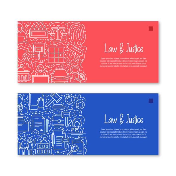 law and justice related objects and elements. hand drawn vector doodle illustration collection. banner template with different law and justice objects - gun violence 幅插畫檔、美工圖案、卡通及圖標