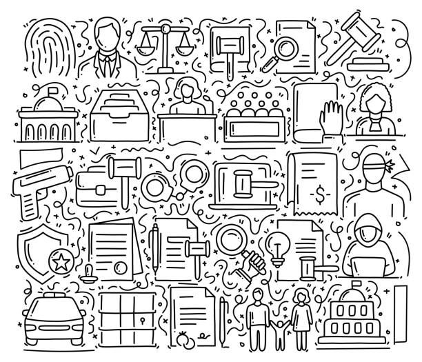 law and justice related objects and elements. hand drawn vector doodle illustration collection. hand drawn pattern design - gun violence 幅插畫檔、美工圖案、卡通及圖標