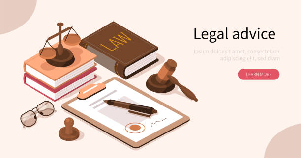 law and justice Lawyer Office Workplace with Signed Legal Contract, Judge Gavel, Scales of Justice and Legal Books. Law and Justice Concept. Flat Isometric Vector Illustration. law stock illustrations