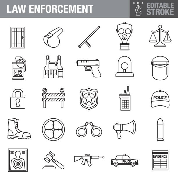 Law Enforcement Editable Stroke Icon Set A set of editable stroke thin line icons. File is built in the CMYK color space for optimal printing. The strokes are 2pt black and fully editable, so you can adjust the stroke weight as needed for your project. gun violence stock illustrations