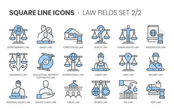 Law fields related, square line color vector icon set Law fields related, square line color vector icon set for applications and website development. The icon set is editable stroke, pixel perfect and 64x64. Crafted with precision and eye for quality. divorce icons stock illustrations