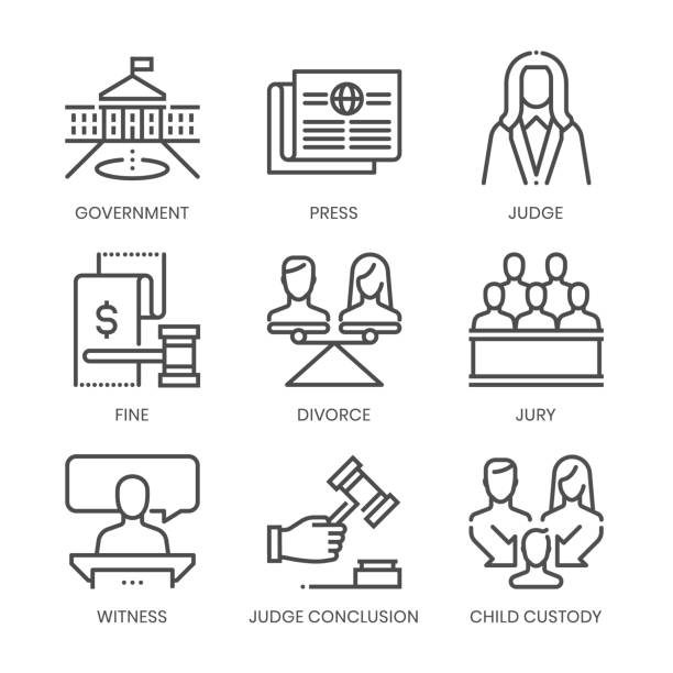 Law fields related, square line vector icon set Law fields related, square line vector icon set for applications and website development. The icon set is pixelperfect with 64x64 grid. Crafted with precision and eye for quality. bill legislation stock illustrations